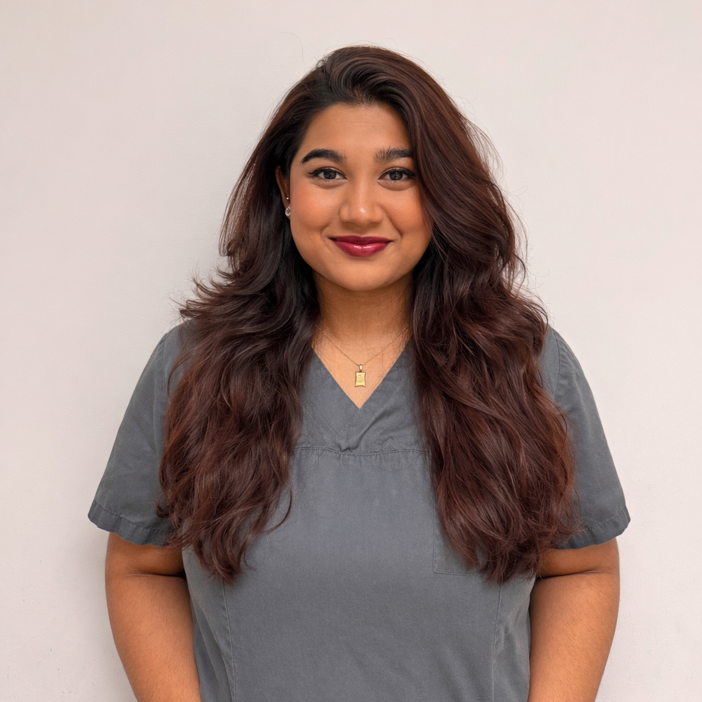 Eine junge Frau mit langen braunen Haaren und freundlichem Lächeln trägt graue Kleidung